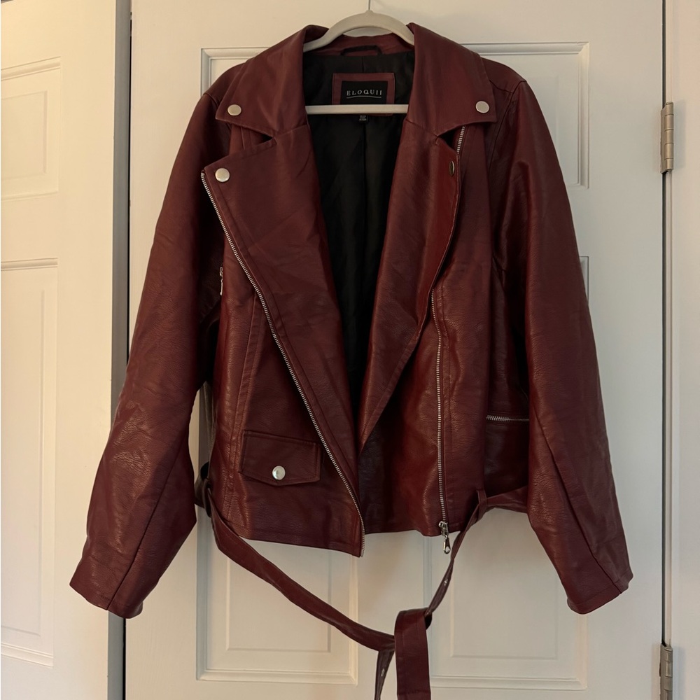 Eloquii Red Leather Moto Jacket with Wide Lapels
